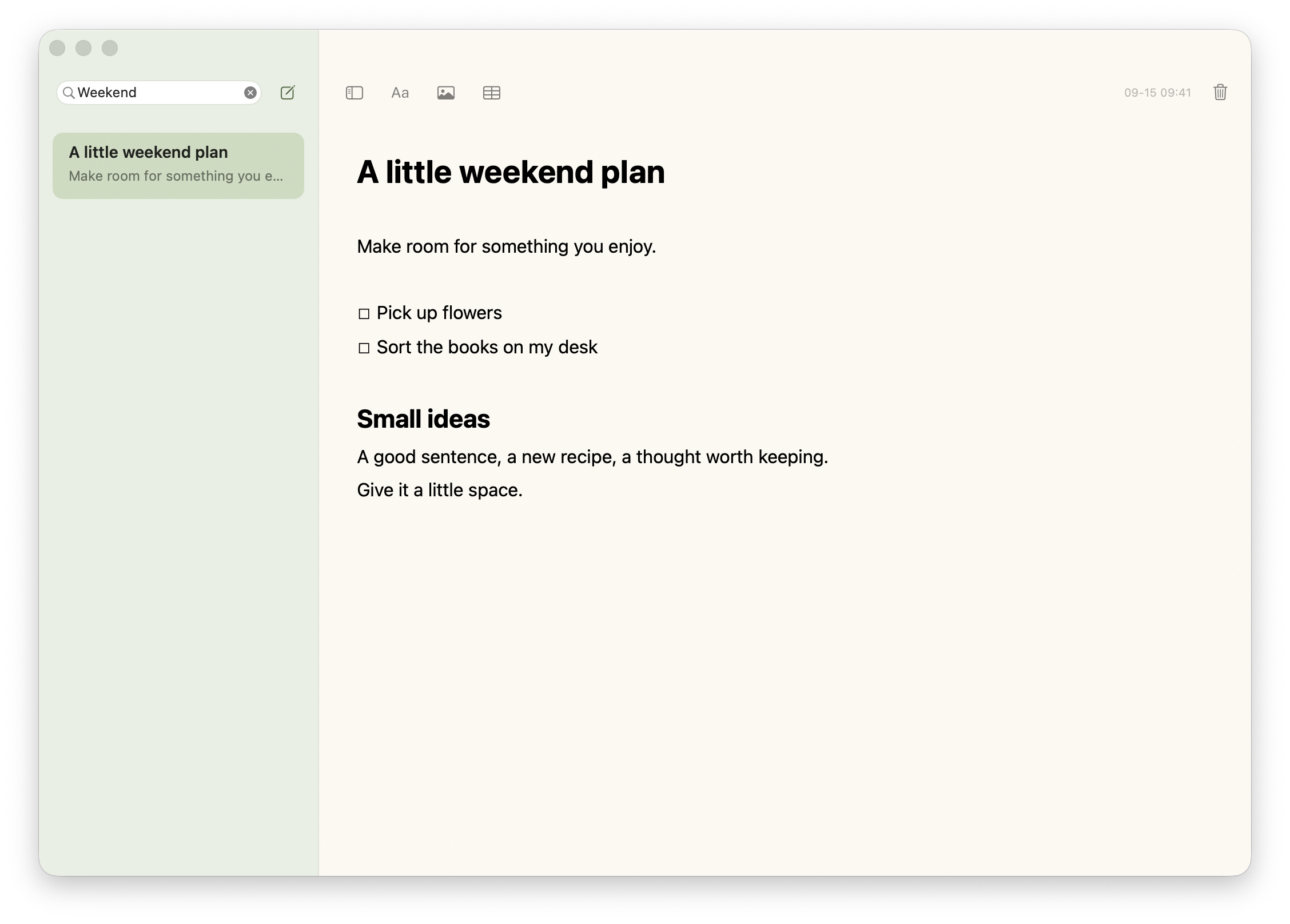 A weekend note with headings and a short checklist