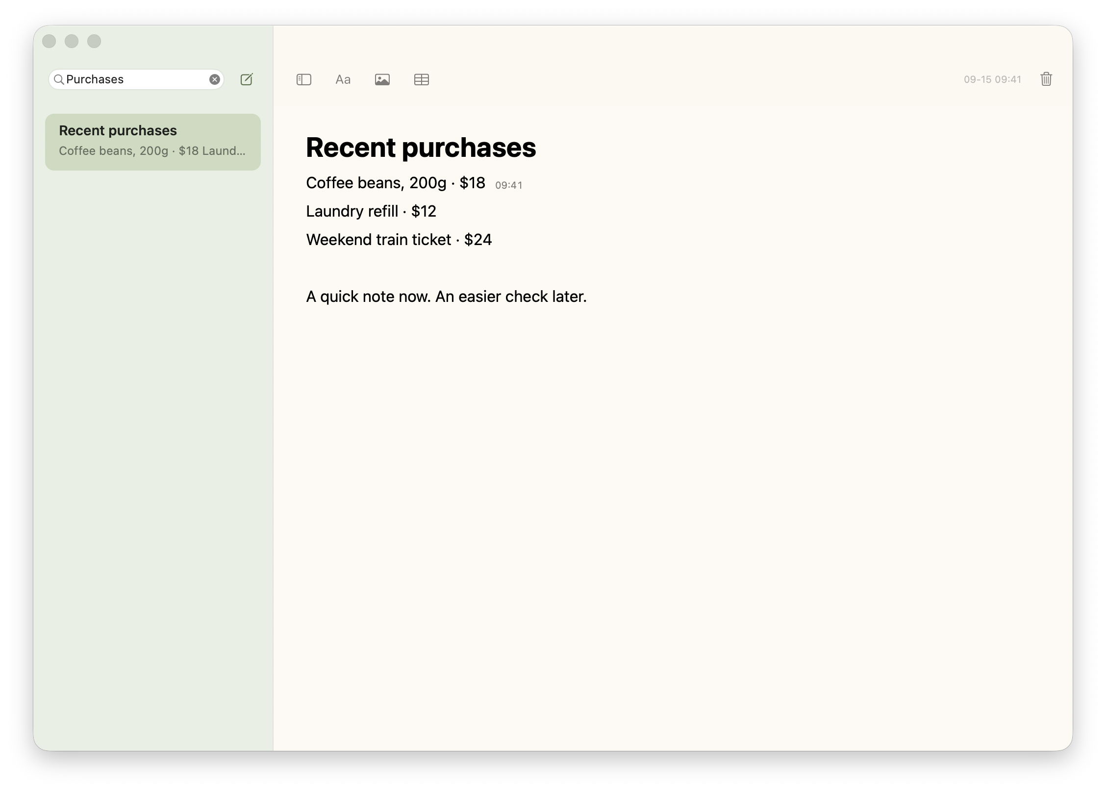 SwiftNote editor showing a purchase with its inline edit timestamp