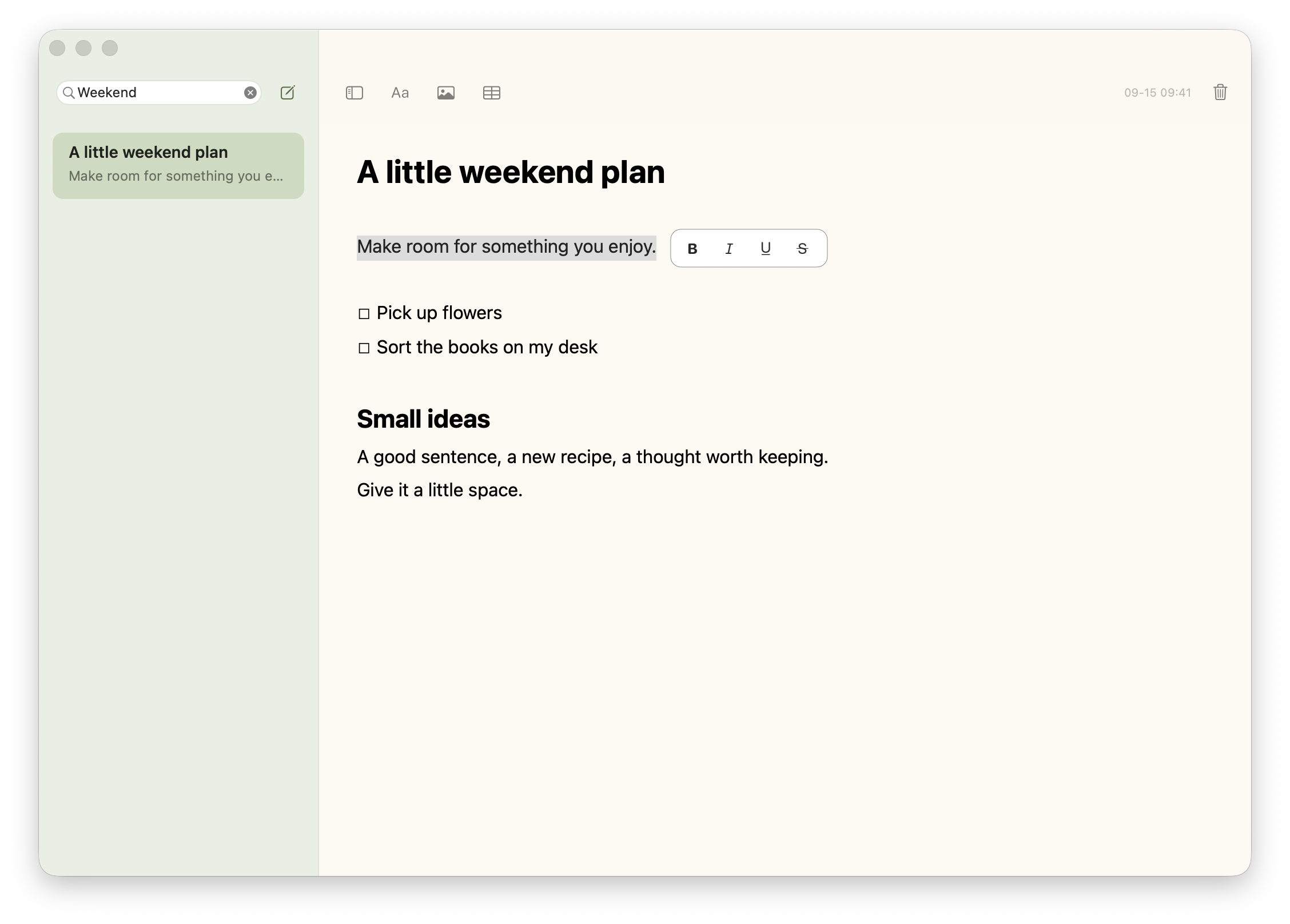Selected text with the compact formatting toolbar alongside it